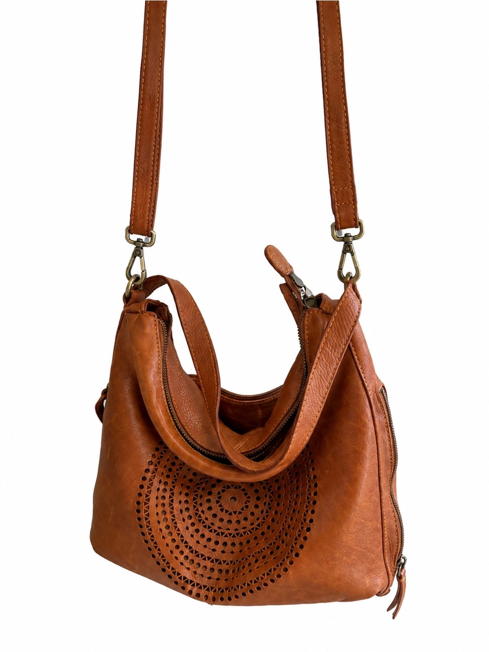 Leather Circle-Detail Hobo Bag in Cognac